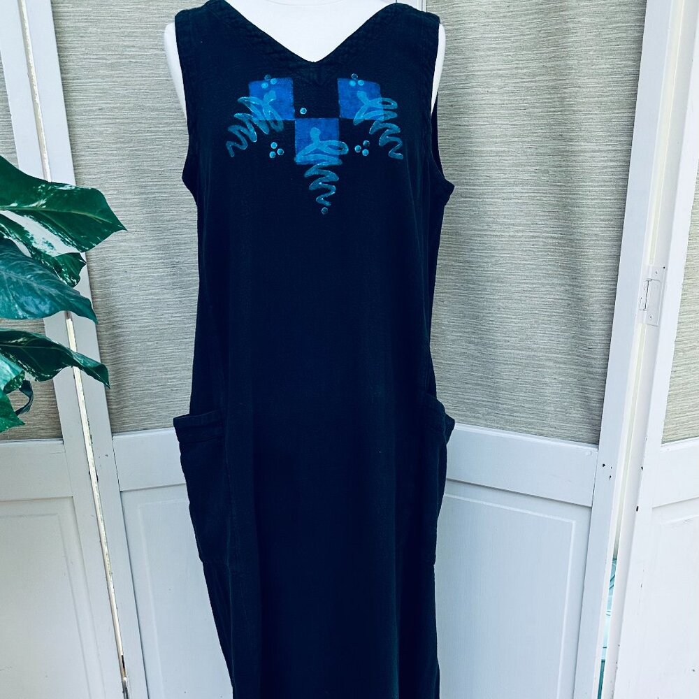 Vintage 90s CMC Color Me Cotton Maxi Dress M Artsy Pockets Black Made USA